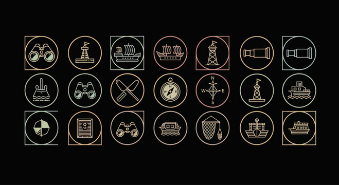 Nautical Icons Set: Ships, Binoculars, Compass, Lighthouse, Navigation Symbols