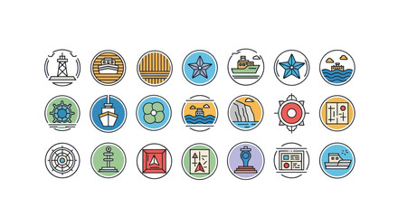 Nautical Icons Set: Ships, Buoys, Lighthouse, Compass, Starfish, Waves © Vleg