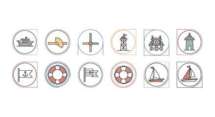 Nautical Icons Set: Ships, Buoys, Flags, Lighthouses, and Windmills © Vleg