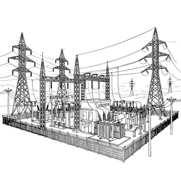 Black silhouette illustration of electrical power substation and transmission towers, transformers, circuit breakers, energy grid infrastructure, electricity distribution vector design
