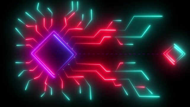 Digital neon data connection technology background.Futuristic glowing neon circuit board with moving electrons PNG alpha. Futuristic hardware multicolor pattern 4K video
