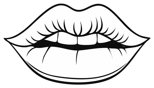 Black and white outline of a smiling mouth with eyelashes in flat vector design