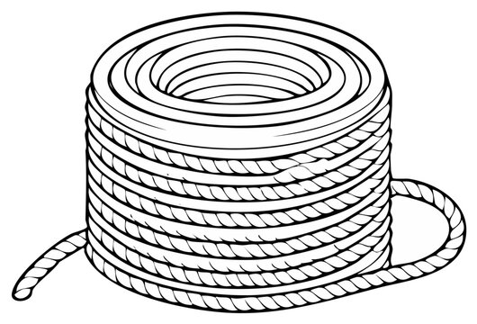 Rolled coil of thick twisted rope with a loose end, black and white illustration