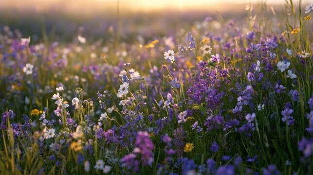 Beautiful landscape of a field of wildflowers at sunset. the sky is a warm orange color, and the sun is setting in the background, casting a golden glow over the scene.