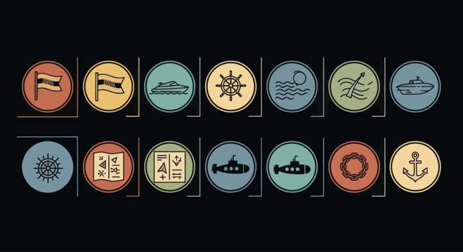 Nautical Icons Set: Ships, Flags, Anchor, Steering Wheel, Submarine, Sea Waves