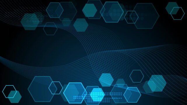 Abstract dark background with glowing turquoise hexagons and flowing wavy lines animation
