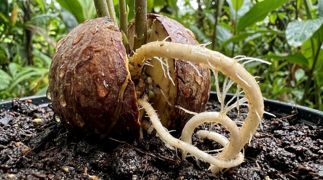 Macro photography of germinating avocado pit with long twisting root, fresh organic textures, tropical realism