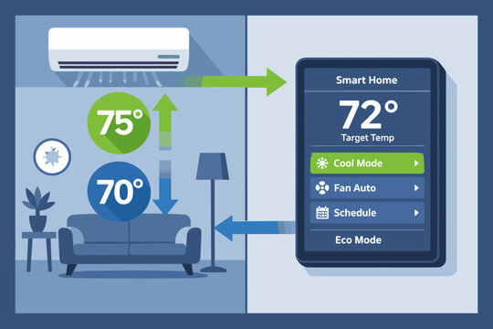 A split-screen climate control system showing a home interior on the left