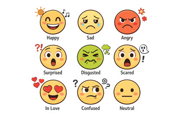 Naklejka premium Nine emotion indicator faces in grid formation showing happiness, sadness,