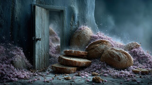Surreal Tiny Doorway with Rustic Bread Loaves. Generative AI