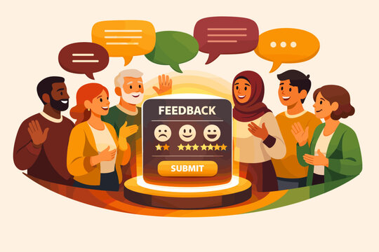 A diverse team arranged in a semi-circle around a large glowing feedback