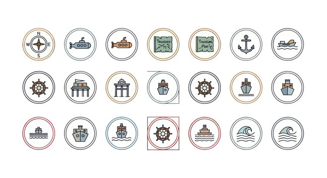 Nautical Icons: Ships, Compass, Anchor, Map, Waves, Steering Wheel, Submarine