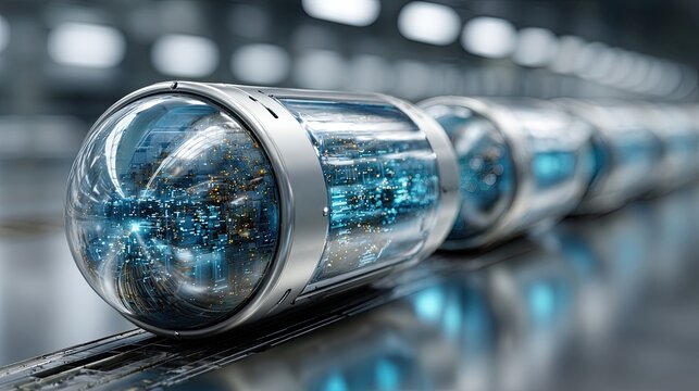 Futuristic Transparent Technology Capsules on Conveyor. Generative AI