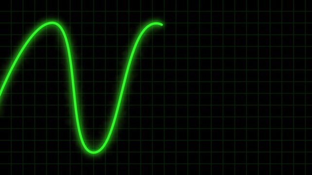 Neon glowing pulse signal animation. Digital frequency data visualization energy electricity power. Animated green sine wave oscilloscope. Technology abstract background looping motion graphics. 