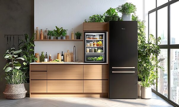 Sleek black refrigerator and open display fridge with food in modern kitchen.
