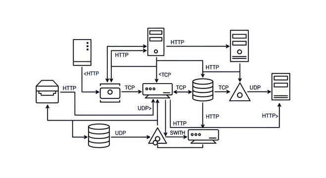 Network Diagram: Server Connections, Data Flow, TCP/IP, HTTP, UDP Protocols
