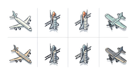 Retro and Modern Aircraft and Space Shuttle Icons - Pixel Art Collection © Brembo
