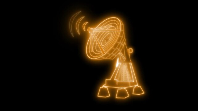 Glowing neon outline of a satellite dish tower animation on a black background