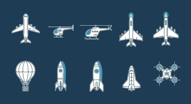 Pixel Art Aviation Collection: Airplanes, Helicopters, Rocket, Drone, Hot Air Balloon