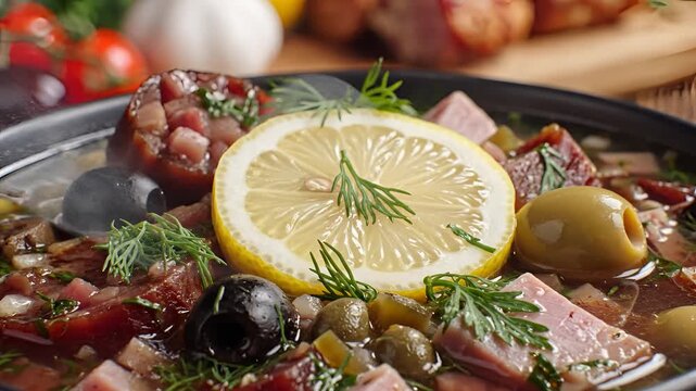 Delicious Solyanka Soup with Lemon and Olives.