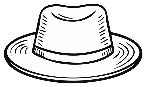 Hand drawn sketch of a classic fedora hat with a simple band and brim on a white background