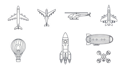 Set of Air Transportation Icons: Airplane, Helicopter, Blimp, Drone, Rocket, Hot Air Balloon © sinaga