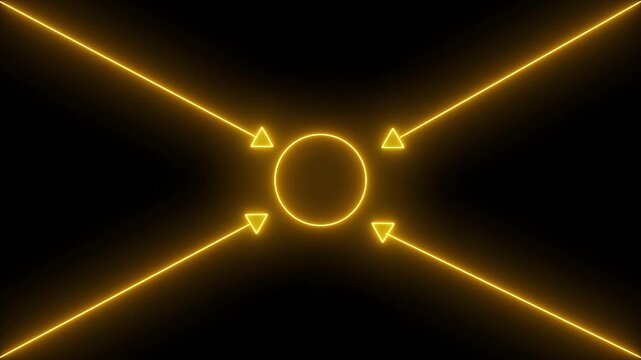 Four green neon arrows pointig inward on black background direction convergence.4k