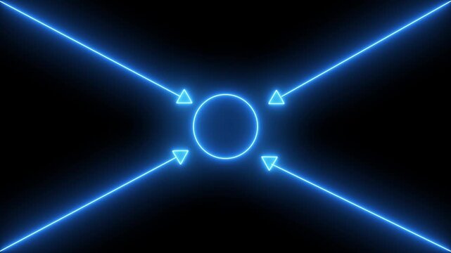 Four green neon arrows pointig inward on black background direction convergence.4k video