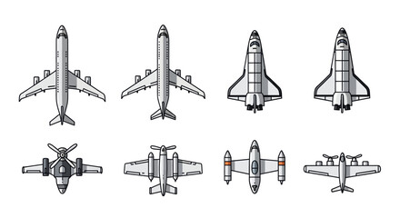 Set of various aircraft and spacecraft top view, pixel art style © Natasya