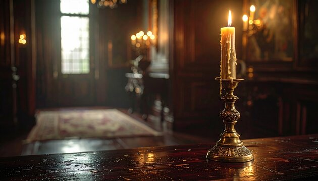 A single antique brass candlestick holder with a lit candle on a wooden table in a dimly lit room