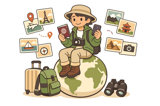 An explorer in practical travel gear sits on a globe with a camera around