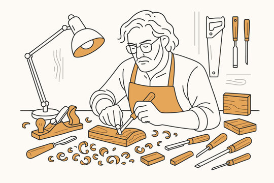 Artisan woodworker at a cluttered workbench surrounded by hand tools, wood