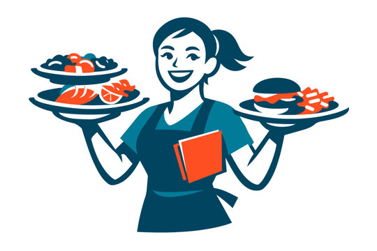 A smiling server carrying multiple plates with confident posture, arms