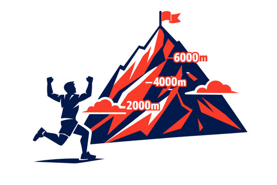 An athlete at the base of a tall mountain outlined in bold geometric shapes