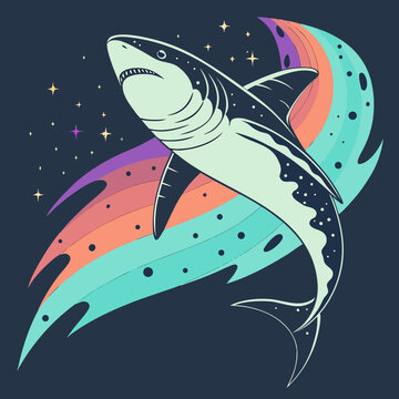 Shark jumping out of colorful waves