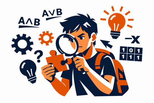 A student holding a large magnifying glass, examining a puzzle piece while