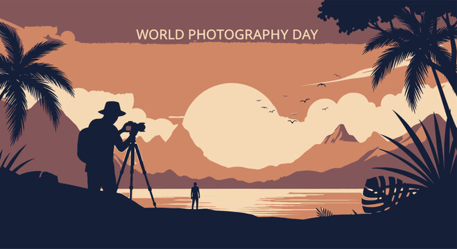 World photography day landscape illustration with photographer on tripod at sunset with mountains and palm trees background Photography Day