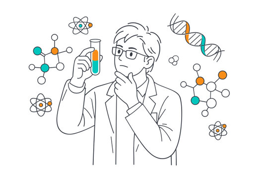 A curious scientist in a lab coat examining a glowing test tube filled with