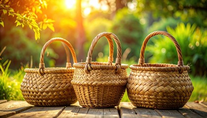 Obraz premium Three intricately woven wicker baskets displayed on a wooden surface bathed in warm sunlight