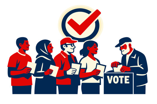 A diverse group of voters standing in line at a polling booth, each holding