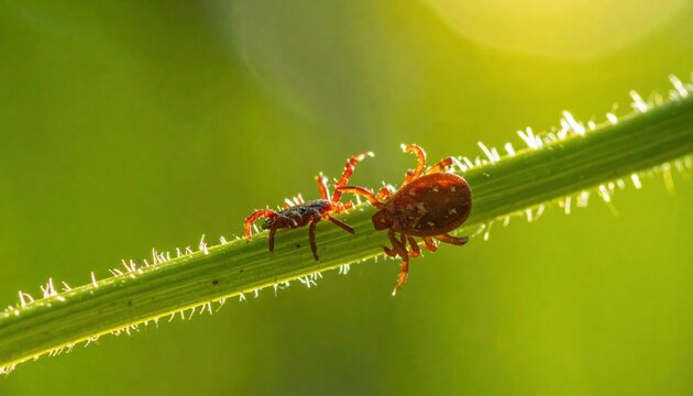 Two tiny mites on a green plant stem in bright sunlight, showcasing intricate details of their bodies.