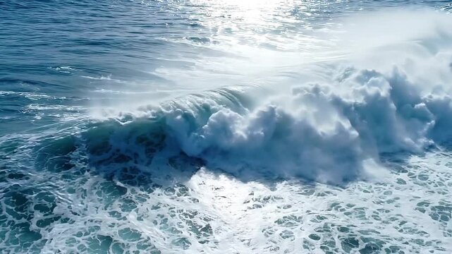 Powerful ocean wave crashing against the surface with white sea foam moving in a cinematic motion sequence captured in high quality 4k slow motion video footage