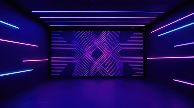 Abstract purple and blue neon lights fill dark club room. Geometric pattern on screen shines, creating energetic dance atmosphere. Futuristic background for party.