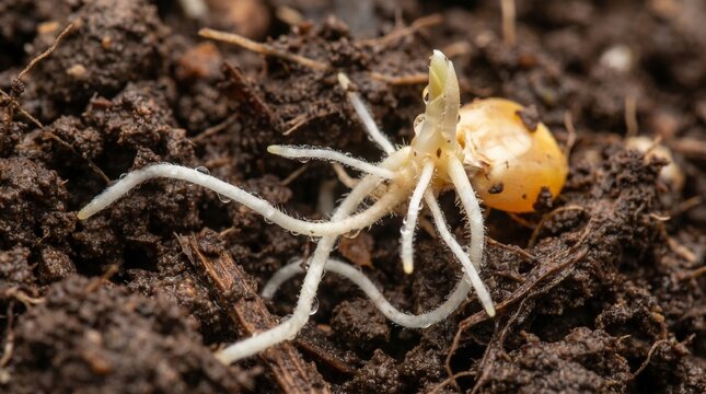 Extreme macro shot of corn seed germination, roots twisting through rich brown earth, realistic agricultural photography