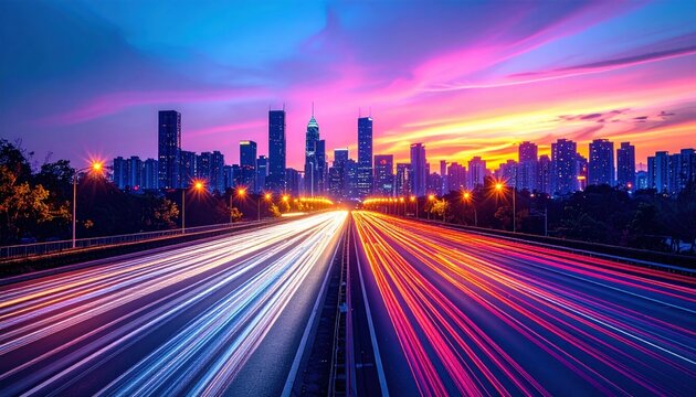 Vibrant city skyline with luminous traffic light streaks across a multi-lane highway at dusk