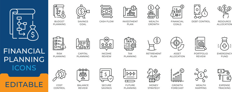 Financial planning and wealth mapping line icons. Minimal vector UI symbols for investment strategy, tax review, and budget control editable stroke.