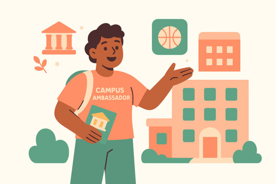 A cheerful campus ambassador standing at the entrance of a modern dormitory