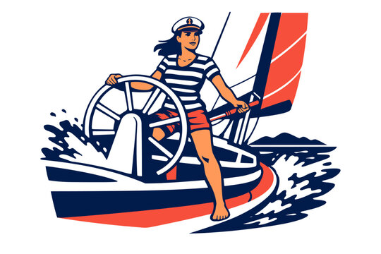 Solo female captain navigating a sleek sailboat through azure waters, one