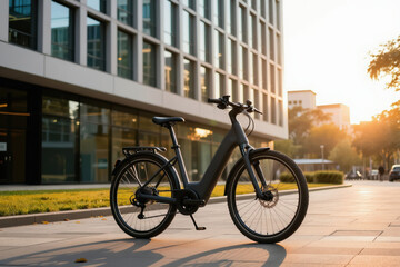 Fototapeta premium Modern electric bicycle parked outside a contemporary office building. This eco-friendly transport offers a sustainable commute solution for city dwellers embracing urban living.