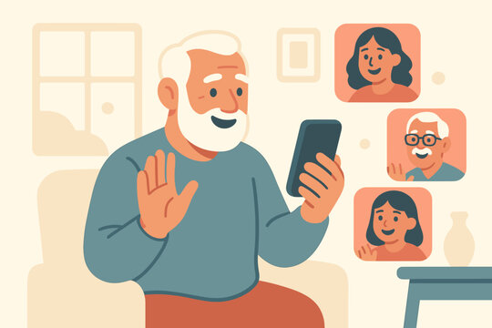 An active senior man with gray beard using a smartphone to video call